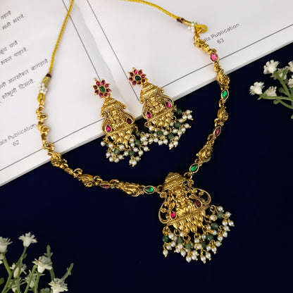 Krishi Lakshmi Temple Pendant Necklace Set - Green & Pink