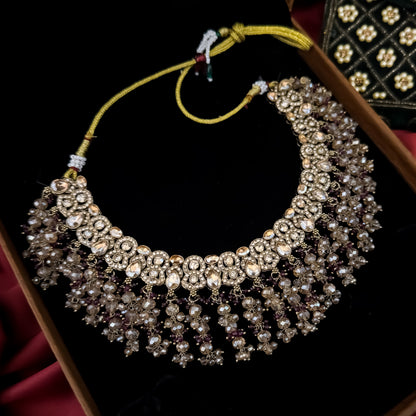 Madiha Premium Reverse AD Necklace Set - Wine