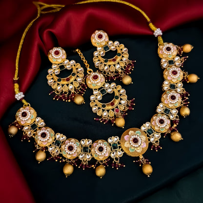 Sayantika Rajwadi Matte Polish Necklace Set - Pink & Green