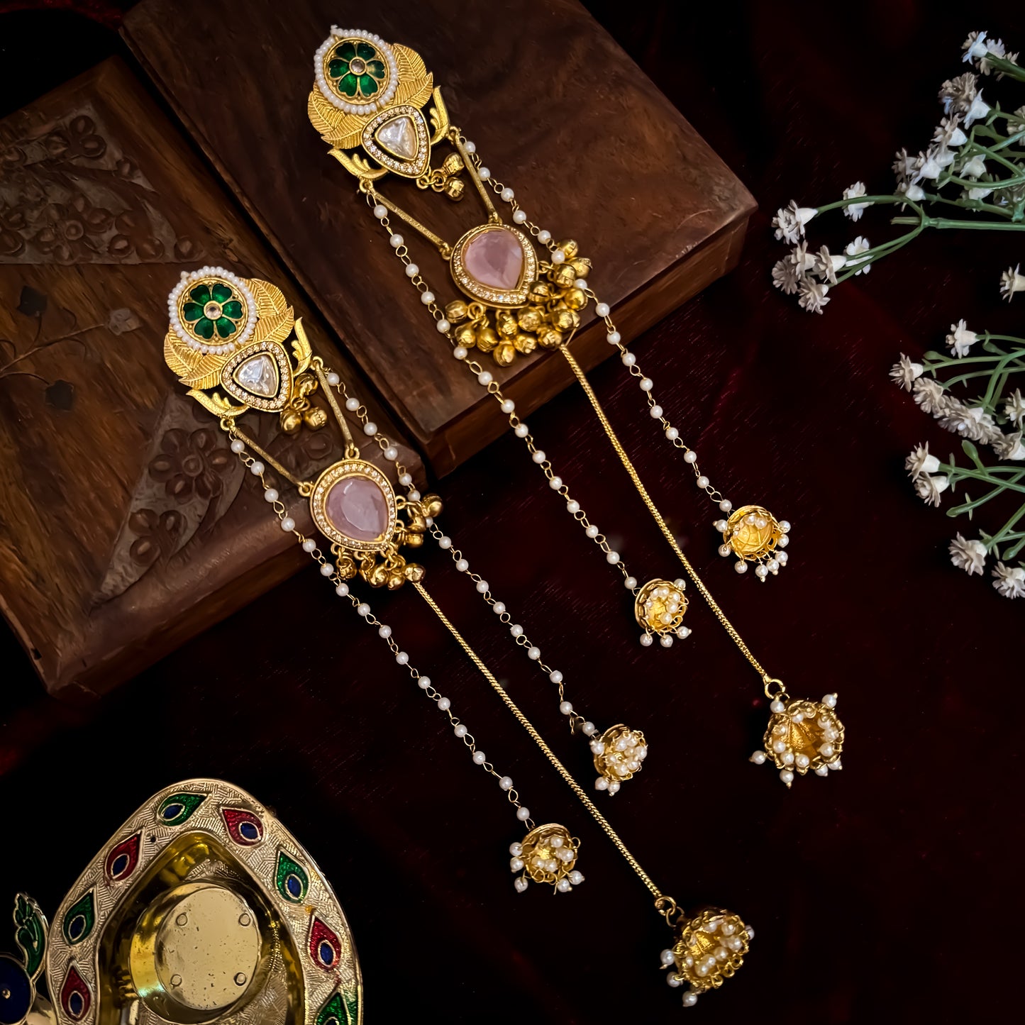 Lishita Statement Kashmiri Brass Earrings - Green Pastel Pink