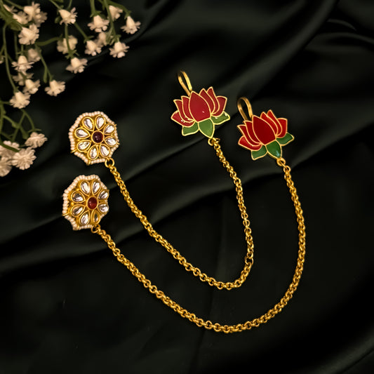 Sunehri Lotus Premium Kashmiri Brass Earrings with Sahara/Earchains - Pink & Golden