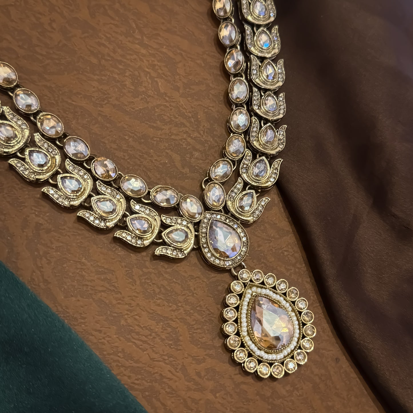 Ashiya Double Layer Designer Zircone Kundan Necklace Set - Golden
