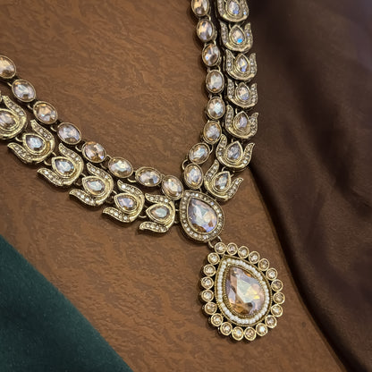 Ashiya Double Layer Designer Zircone Kundan Necklace Set - Golden