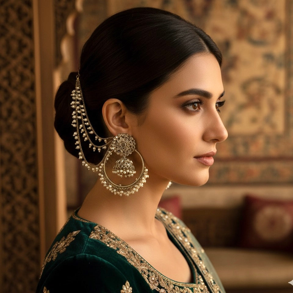 Jhilmil Mirror Chandbali Earrings with Detachable Sahara/Earchains - Golden