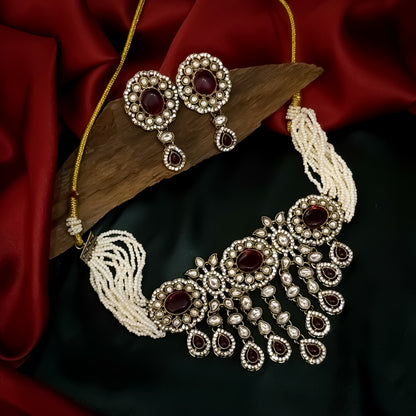 Rumani Premium Victorian Style Choker Necklace Set- Maroon