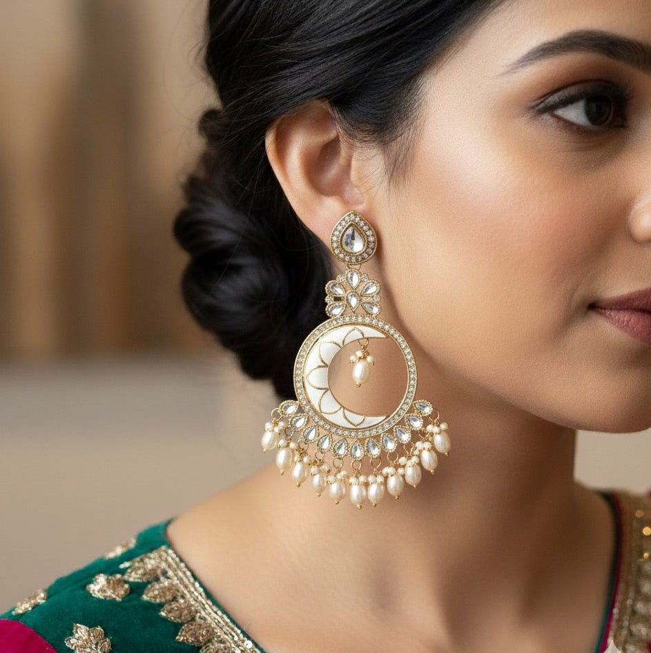 Kunica Kundan Pearl Chandbali Earrings - Golden