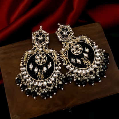 Dhwani Kundan Pearl Chandbali Earrings - Black