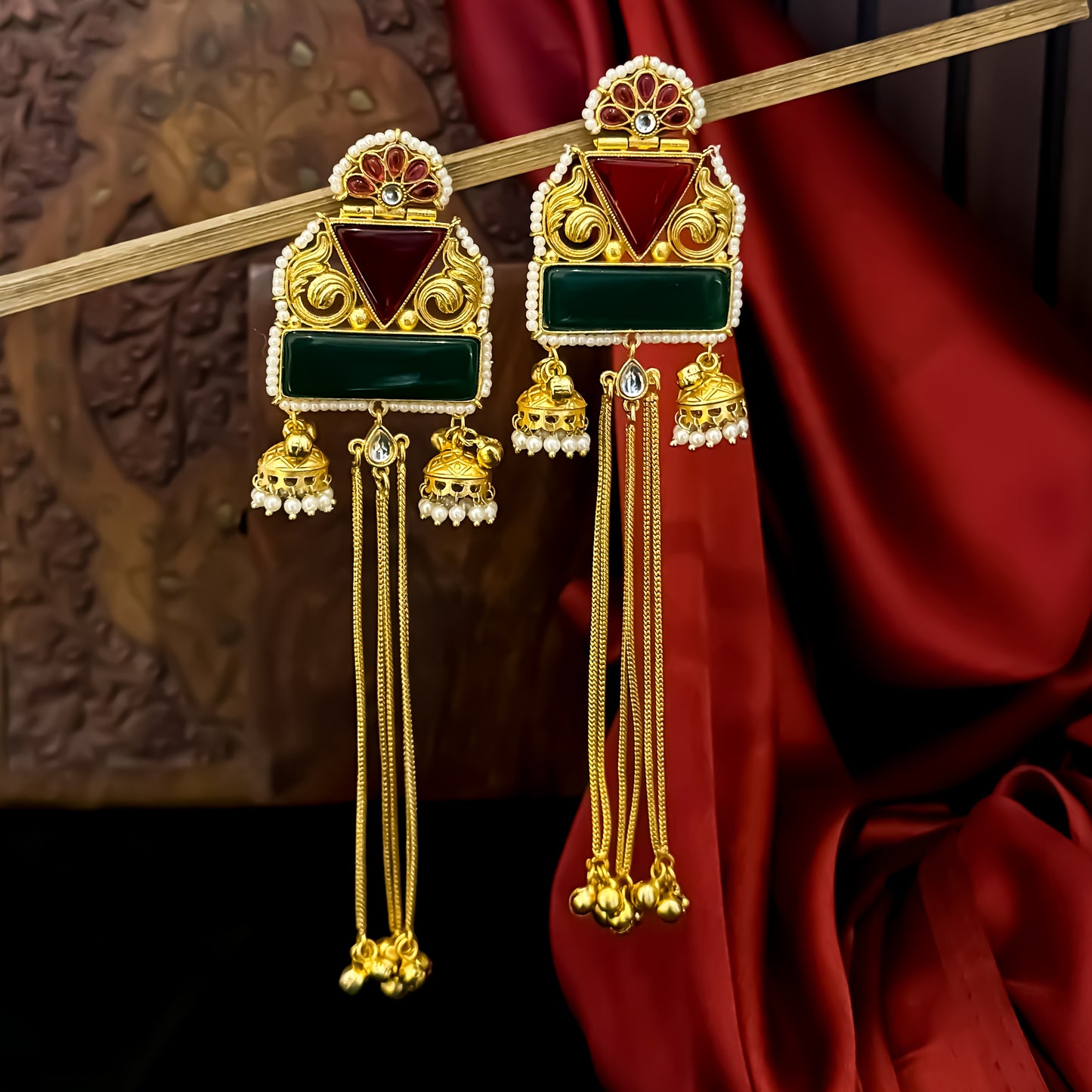 Jeenal Kashmiri Brass Ghungroo Earrings - Maroon & Green