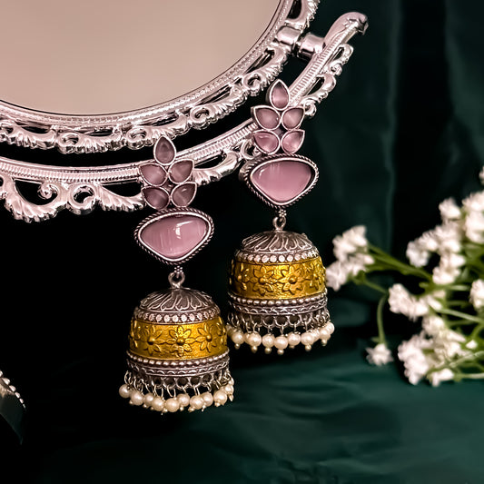 Monalisa Dual Tone Brass Jhumka Earrings - Pastel Pink