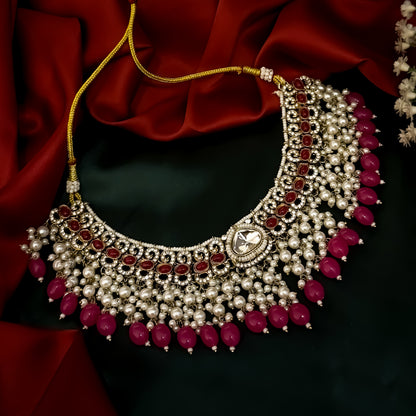 Lavya Pearl Premium Necklace Set - Hot Pink