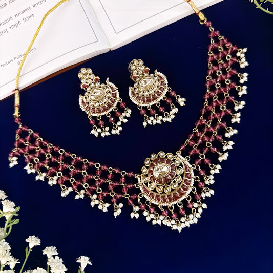 Pink Sanidhya Intricate Pearl Work Necklace set