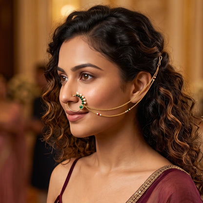 Ruhi Kundan Nose Clip/Nath - Green & Golden