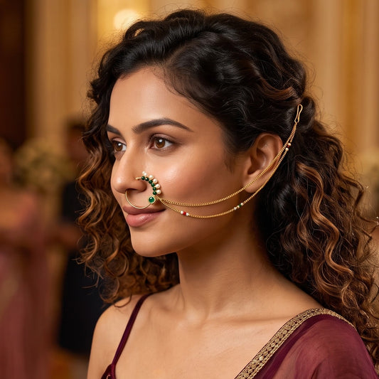 Ruhi Kundan Nose Clip/Nath - Green & Golden