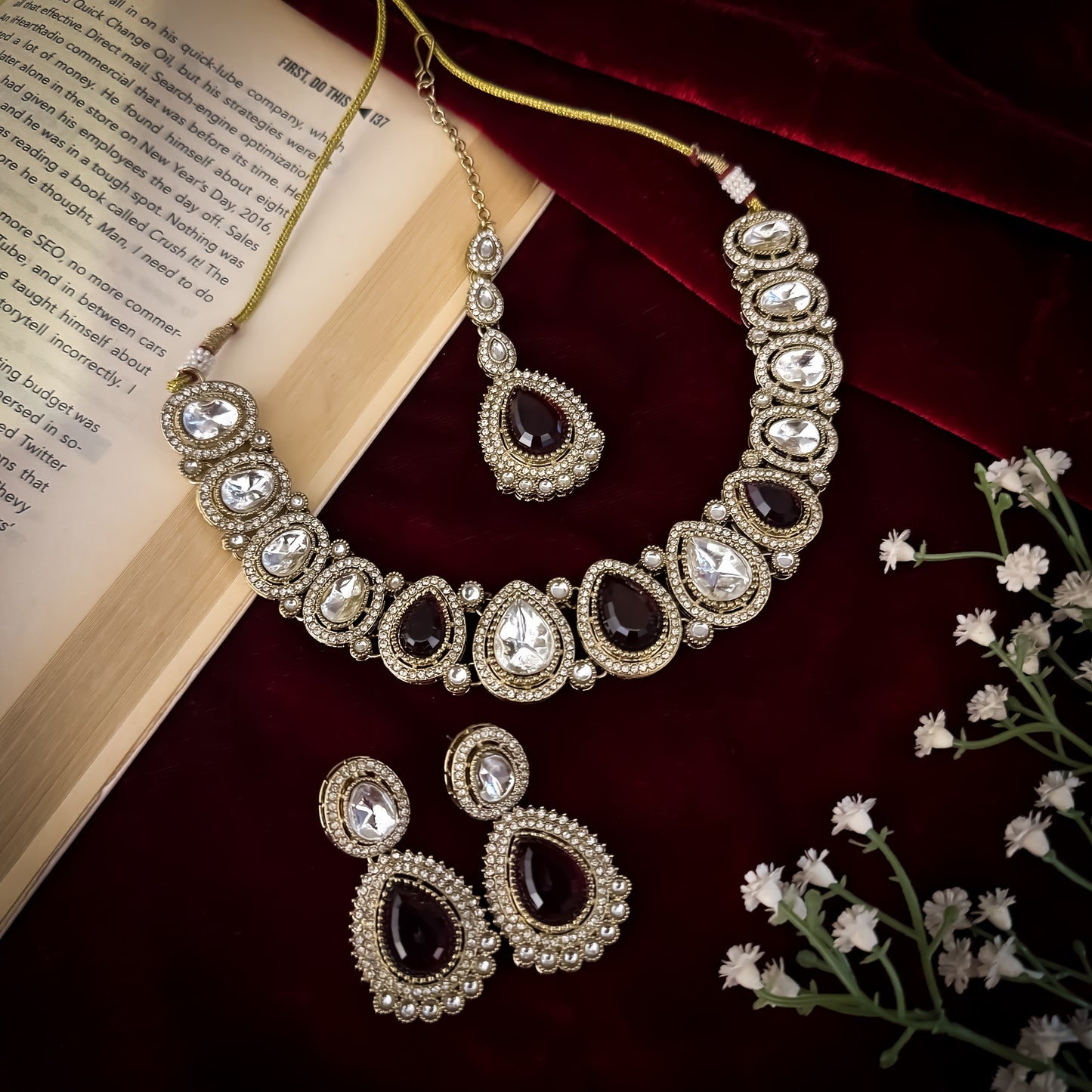Mannat Zircone Polki Lookalike Premium Necklace Set - Maroon