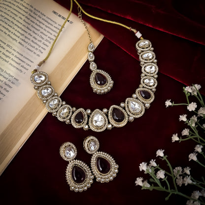 Mannat Zircone Polki Lookalike Premium Necklace Set - Maroon