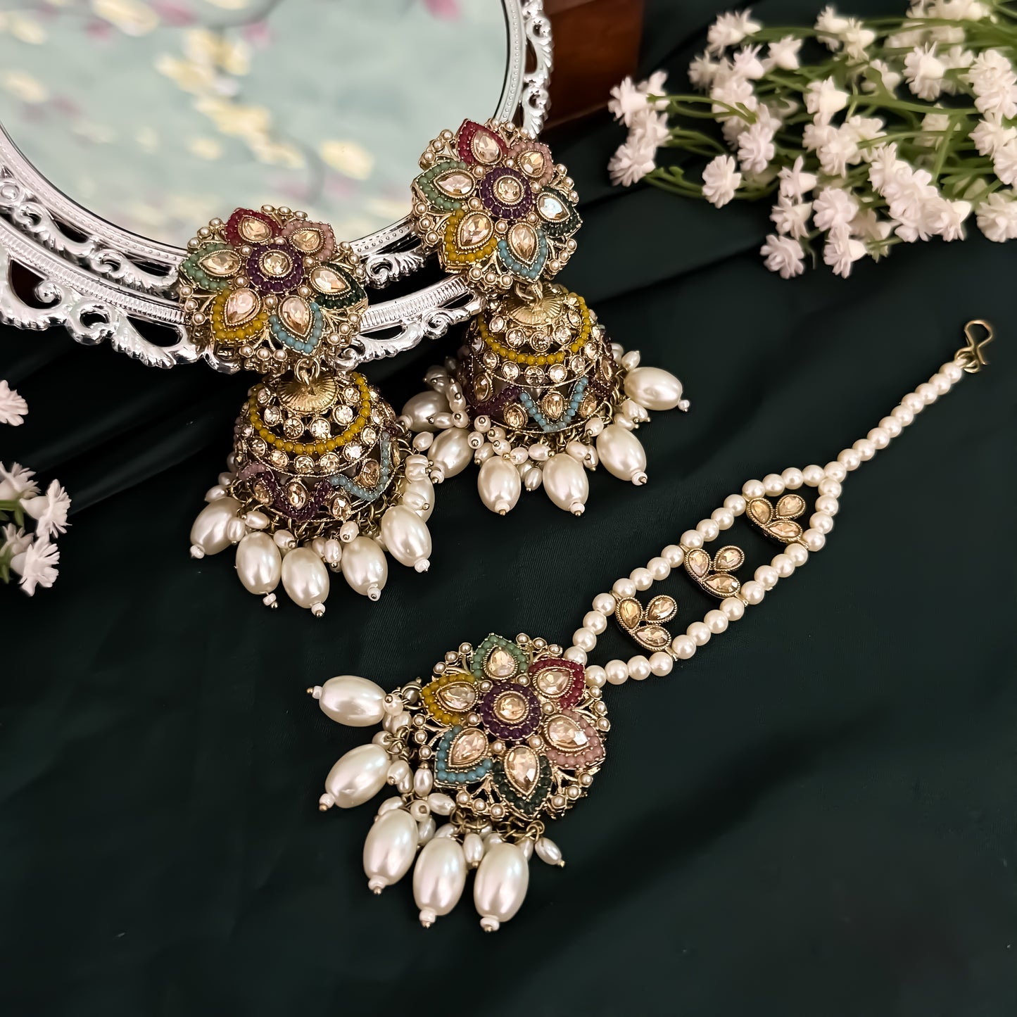 Varuna Jadau Reverse AD Jhumka & Teeka Set - Multi