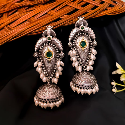Vishakha Brass Jhumka Earrings - Green