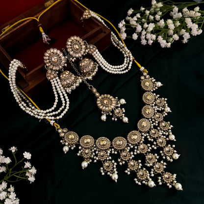 Noorani Reverse AD Necklace Set with Jhumka Sahara Earrings & Teeka - Golden