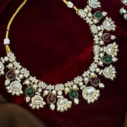 Jehana Premium Polki Lookalike Necklace Set - Maroon & Green