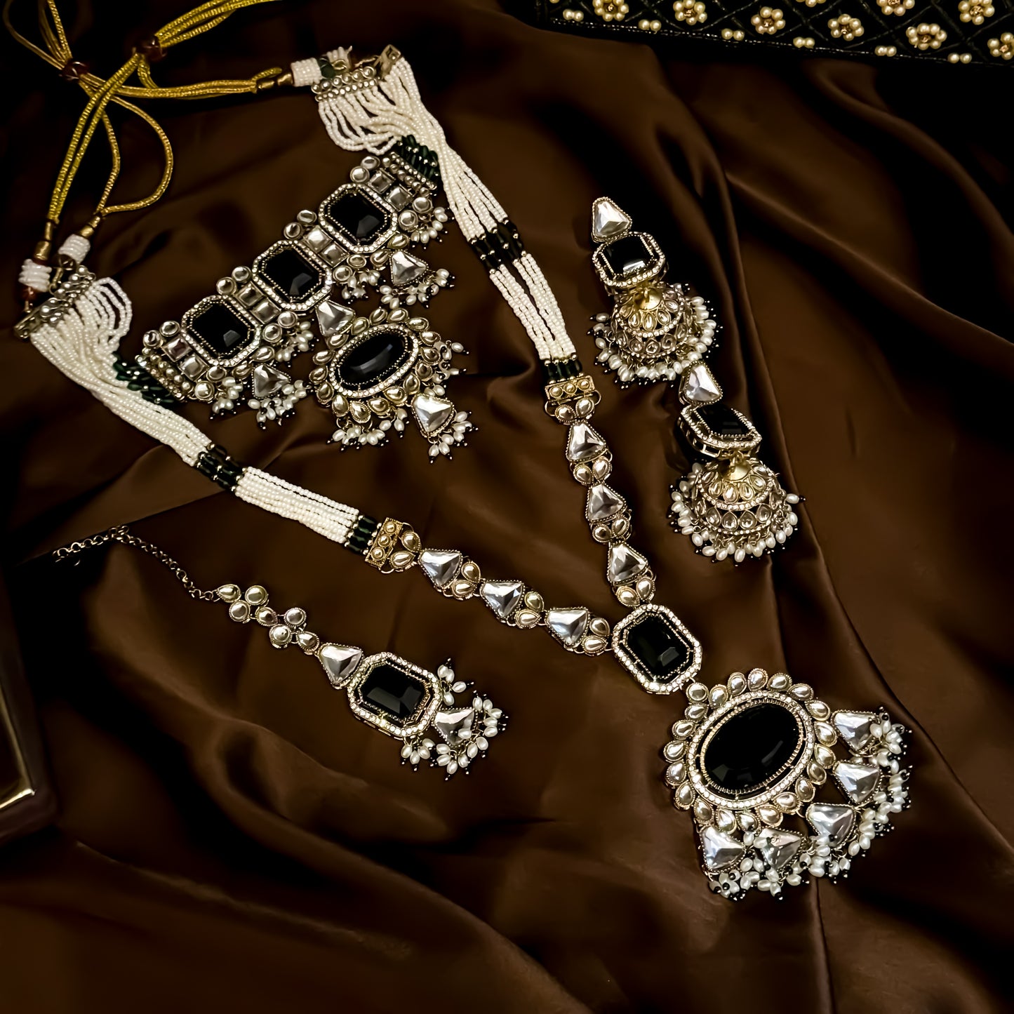 Israni Premium Kundan Long & Short Necklace Set - Green