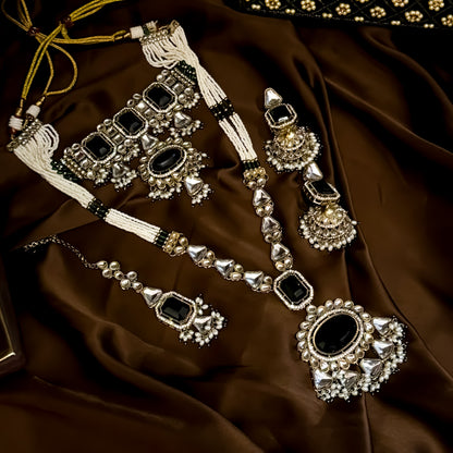 Israni Premium Kundan Long & Short Necklace Set - Green