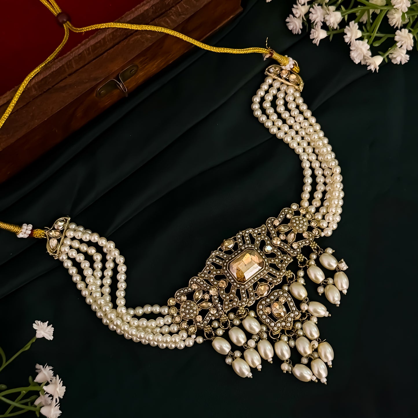 Jodha Jadau Reverse AD Necklace Set with Sahara Earrings & Teeka - Golden