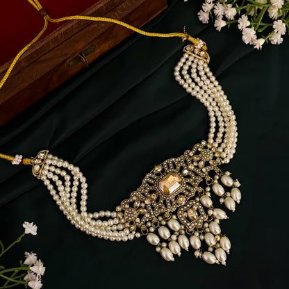 Jodha Jadau Reverse AD Necklace Set with Sahara Earrings & Teeka - Golden