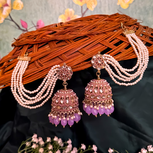 Mehvish Jadau Reverse AD Jhumka Earrings with Earchain - Lavender