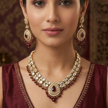 Bela Royal Kundan Necklace Set - Maroon