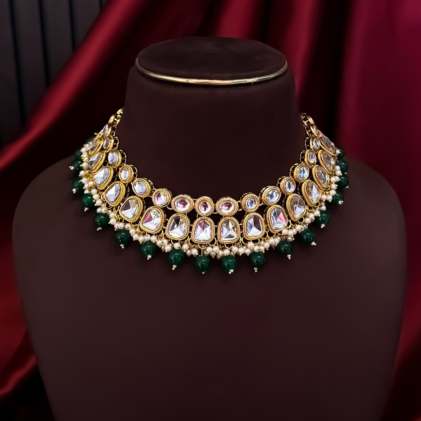 Reeti Kundan Pearl Necklace Set - Green