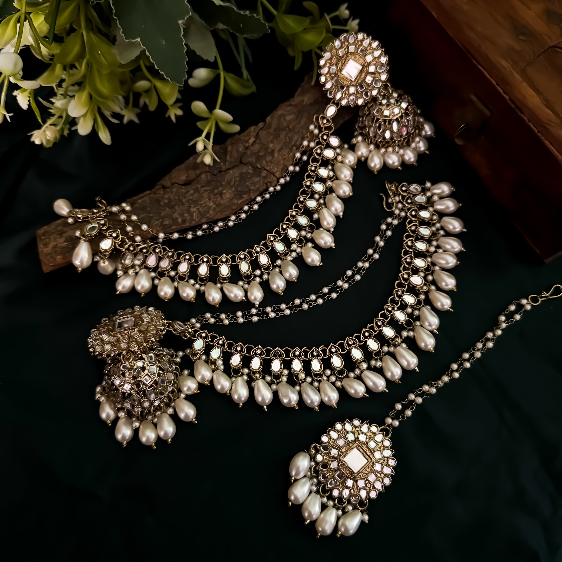 Masaba Mirror Jhumka Earrings with Sahara & Tika Set - Golden