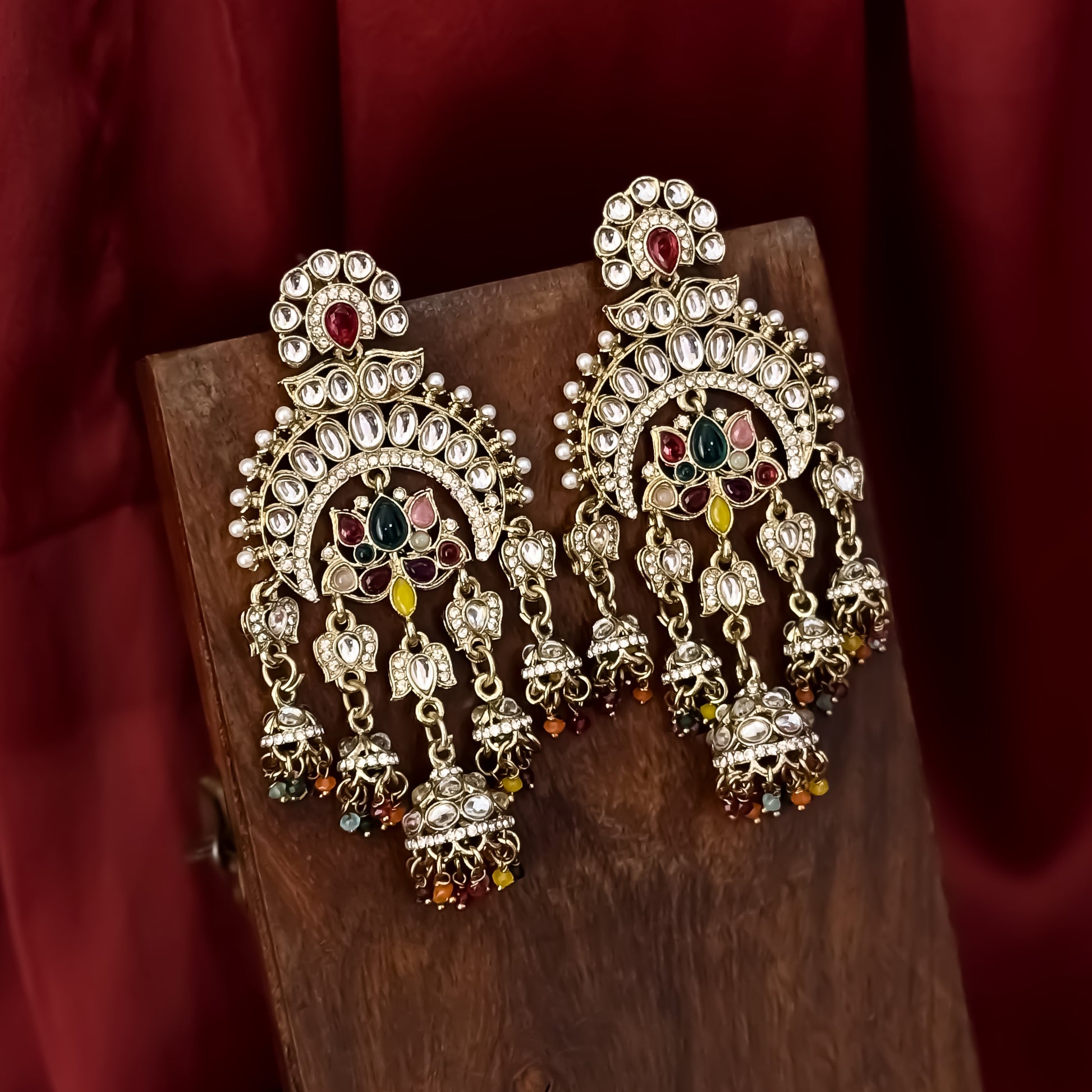 Hina Khan inspired oversized antique gold hybrid chandbali jhumka earrings featuring navratna lotus kundan work and colorful hanging beads