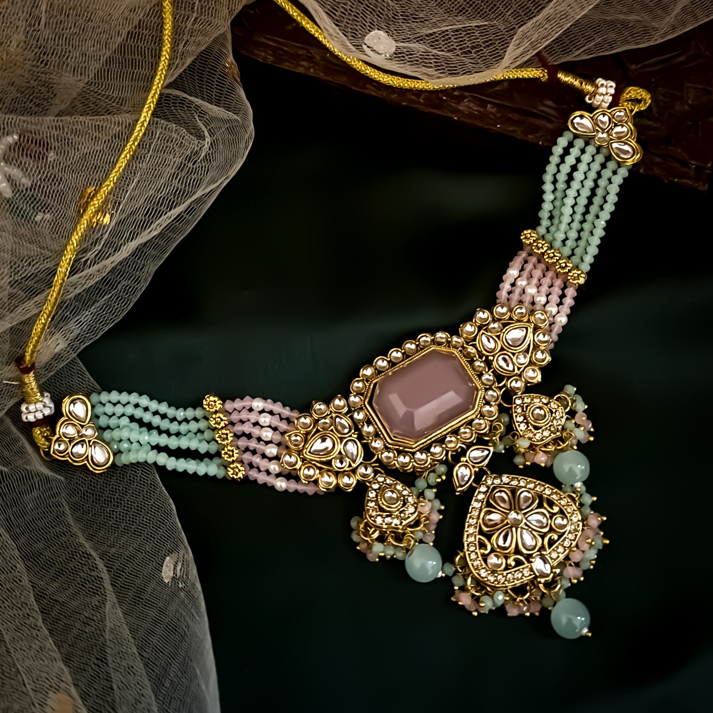 Shriya Royal Kundan Choker Necklace Set - Pastel Pink & Green