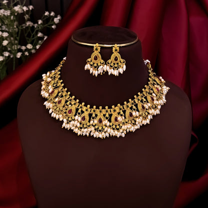 Priyam Guttapusalu Temple Necklace Set - Golden