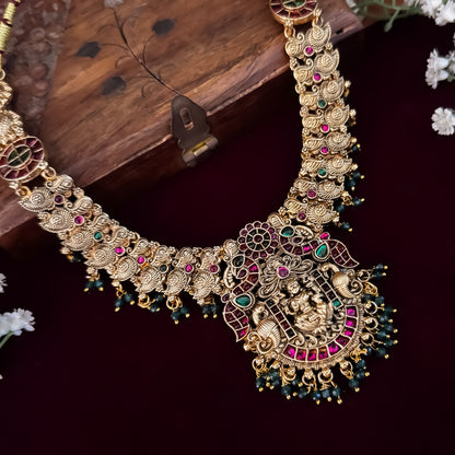 Pink & Green Rishvi Lakshmi Temple Necklace Set