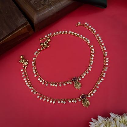 Malvika Pearl Gold Anklet - Golden & Pink