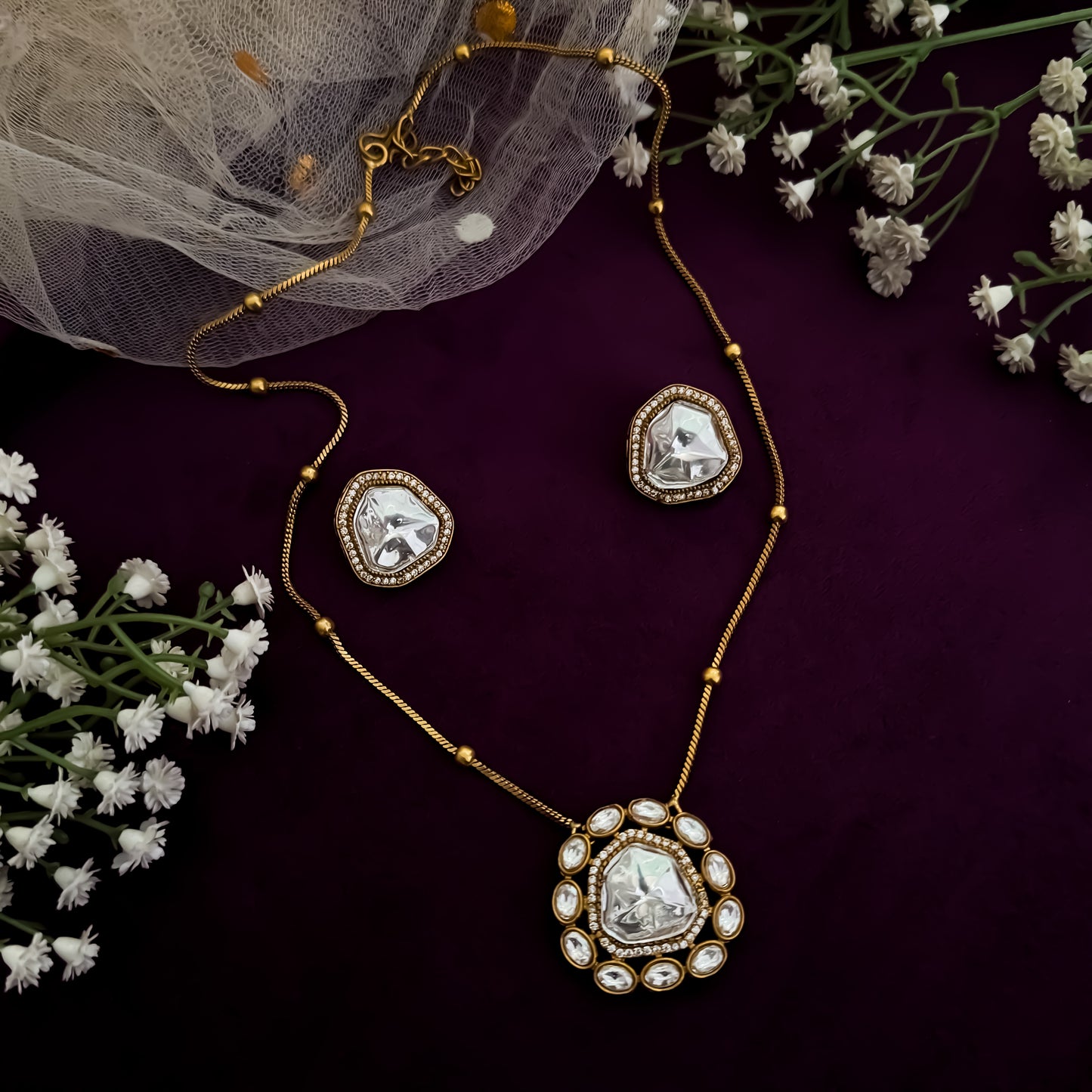 Miraya Polki AD Long Necklace Set with Earringa