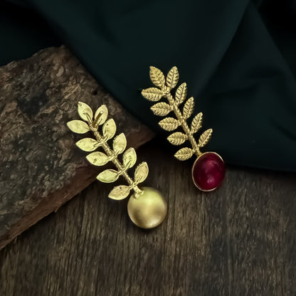 Lina Leaf Drop Handcrafted Brass Earrings - Maroon