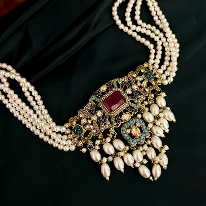Jodha Jadau Reverse AD Necklace Set with Sahara Earrings & Teeka - Multi