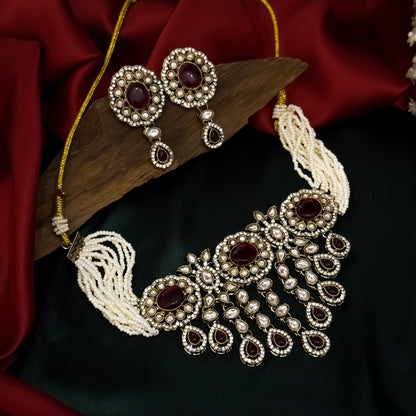 Rumani Premium Victorian Style Choker Necklace Set- Maroon