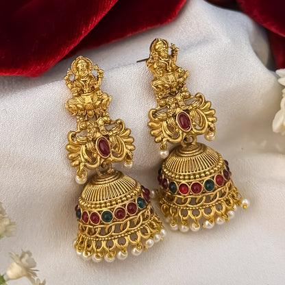 Siddhi Temple Jhumka Earrings - Pink & Green