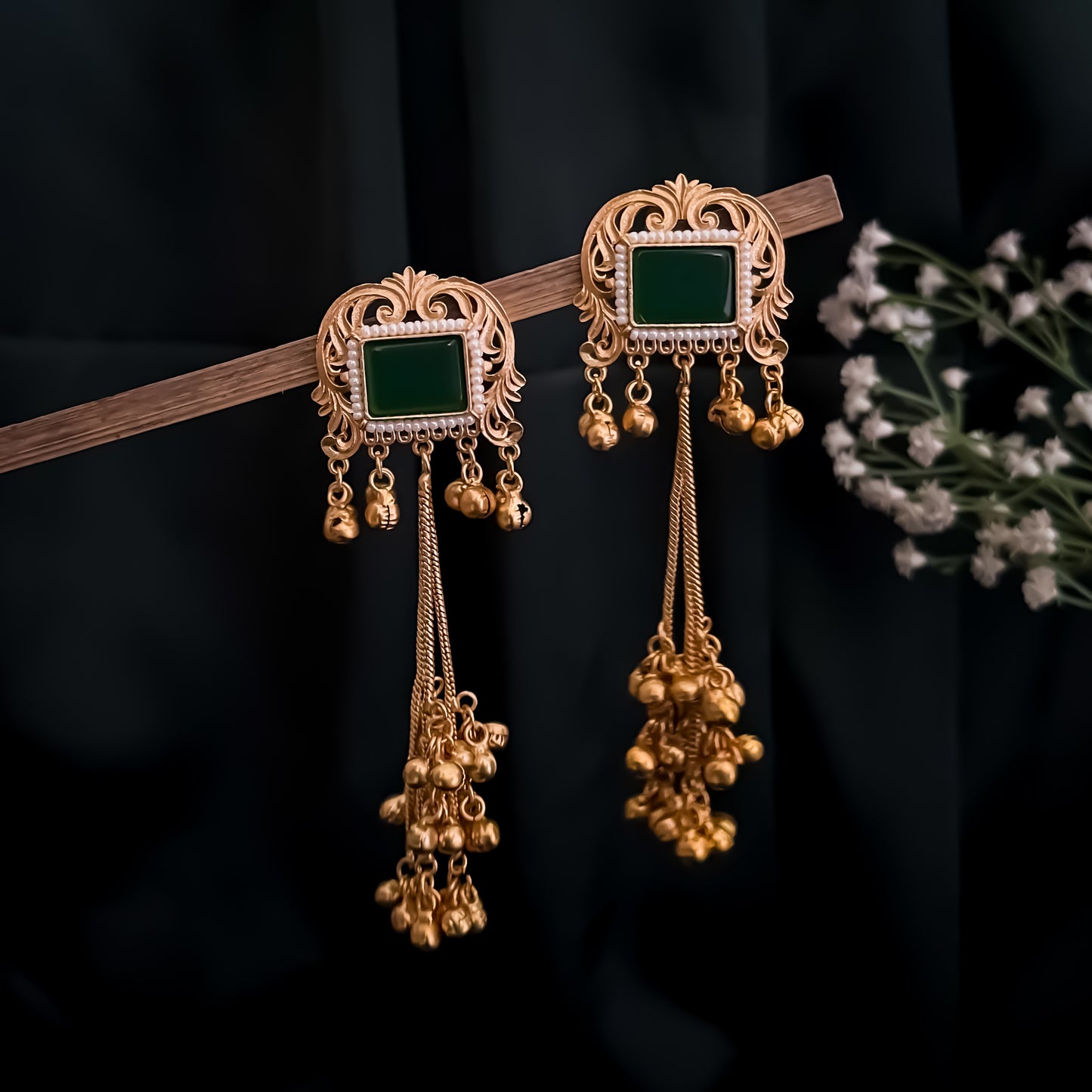 Kuntala Premium Kashmiri Brass Dejhoor Ghungroo Earrings - Golden & Green