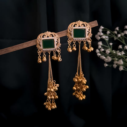 Kuntala Premium Kashmiri Brass Dejhoor Ghungroo Earrings - Golden & Green