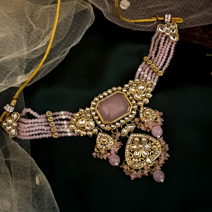 Shriya Kundan Choker Necklace Set - Pastel Pink