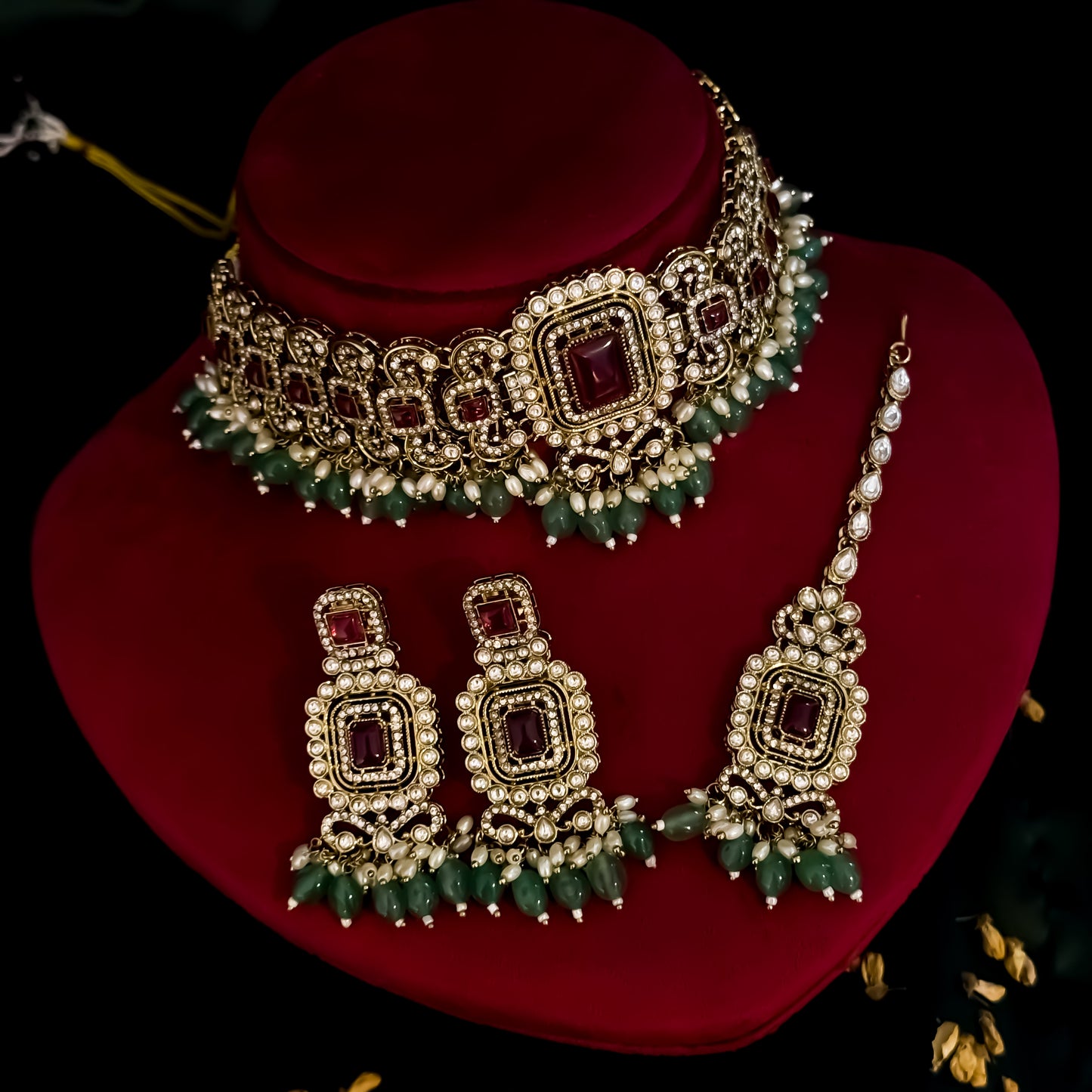 Shipra Premium Victorian AD Style Necklace Set - Ruby & Green