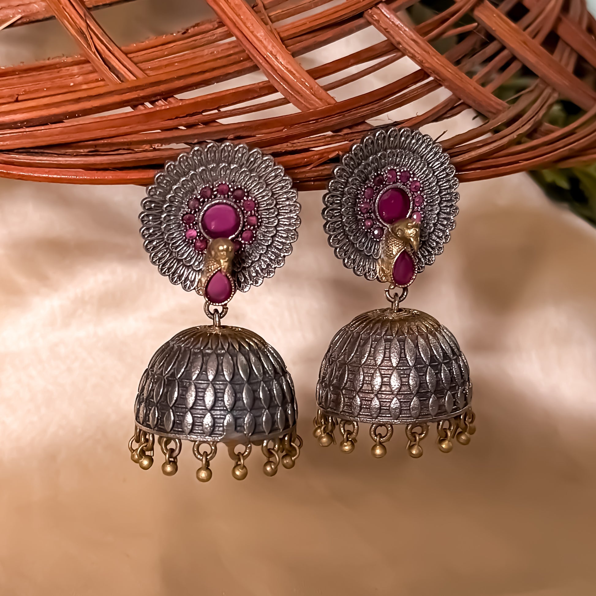 Mayuri 3D SLA Dual Tone Brass Jhumka Earring - Ruby