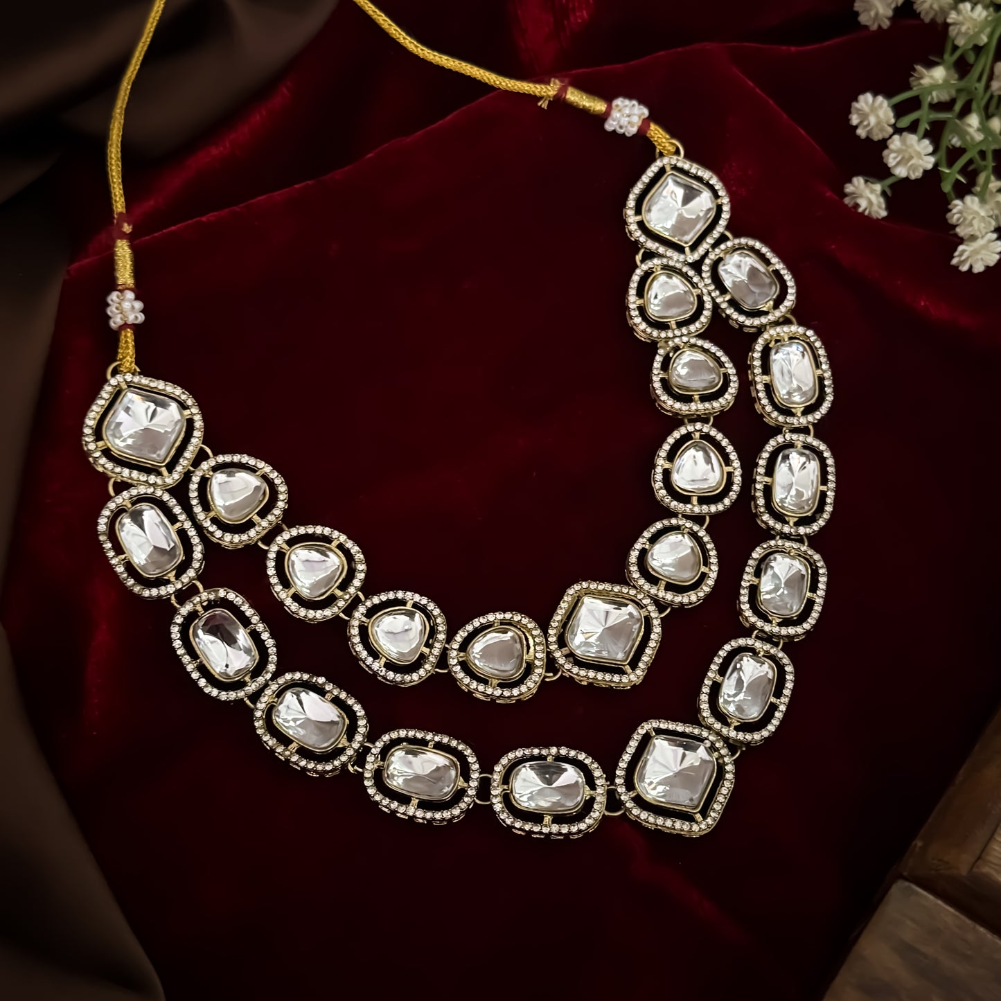 Gulnaj premium double layer golden zircon kundan necklace set featuring clear square and oval stones with micro zircon halos matching earrings and maang tikka