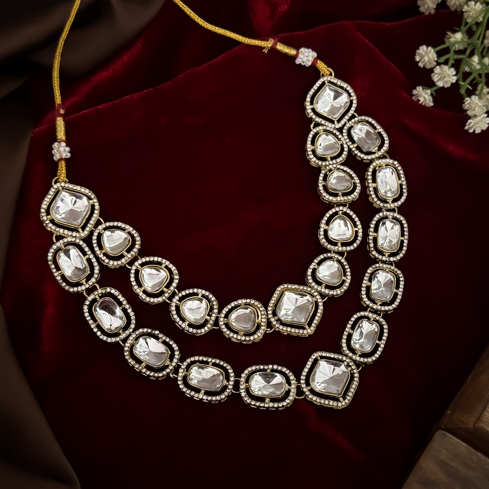 Gulnaj premium double layer golden zircon kundan necklace set featuring clear square and oval stones with micro zircon halos matching earrings and maang tikka