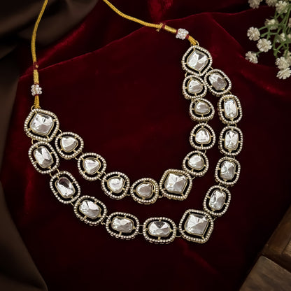 Gulnaj premium double layer golden zircon kundan necklace set featuring clear square and oval stones with micro zircon halos matching earrings and maang tikka