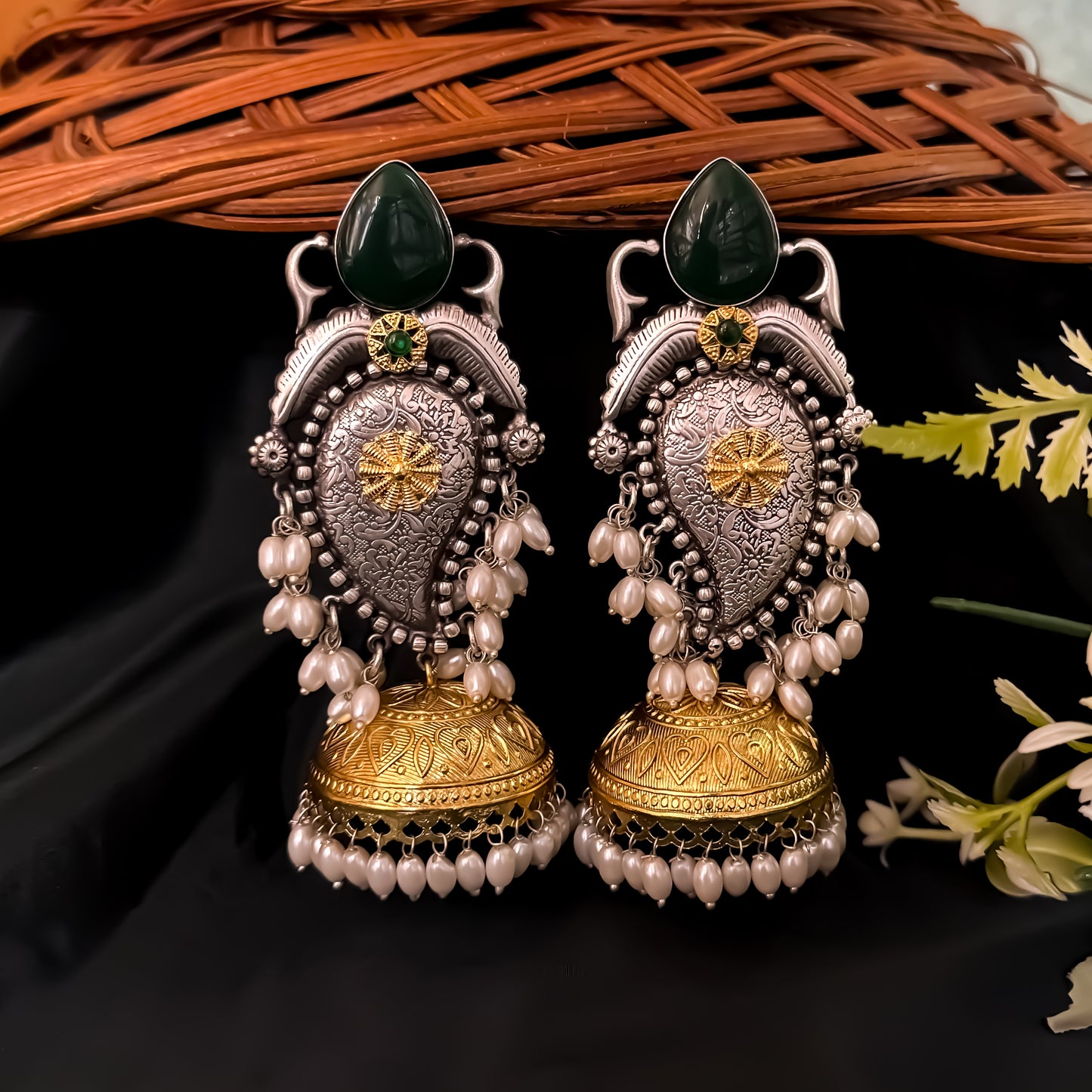 Ruhani Premium Brass Dual Tone Jhumka Earrings - Green